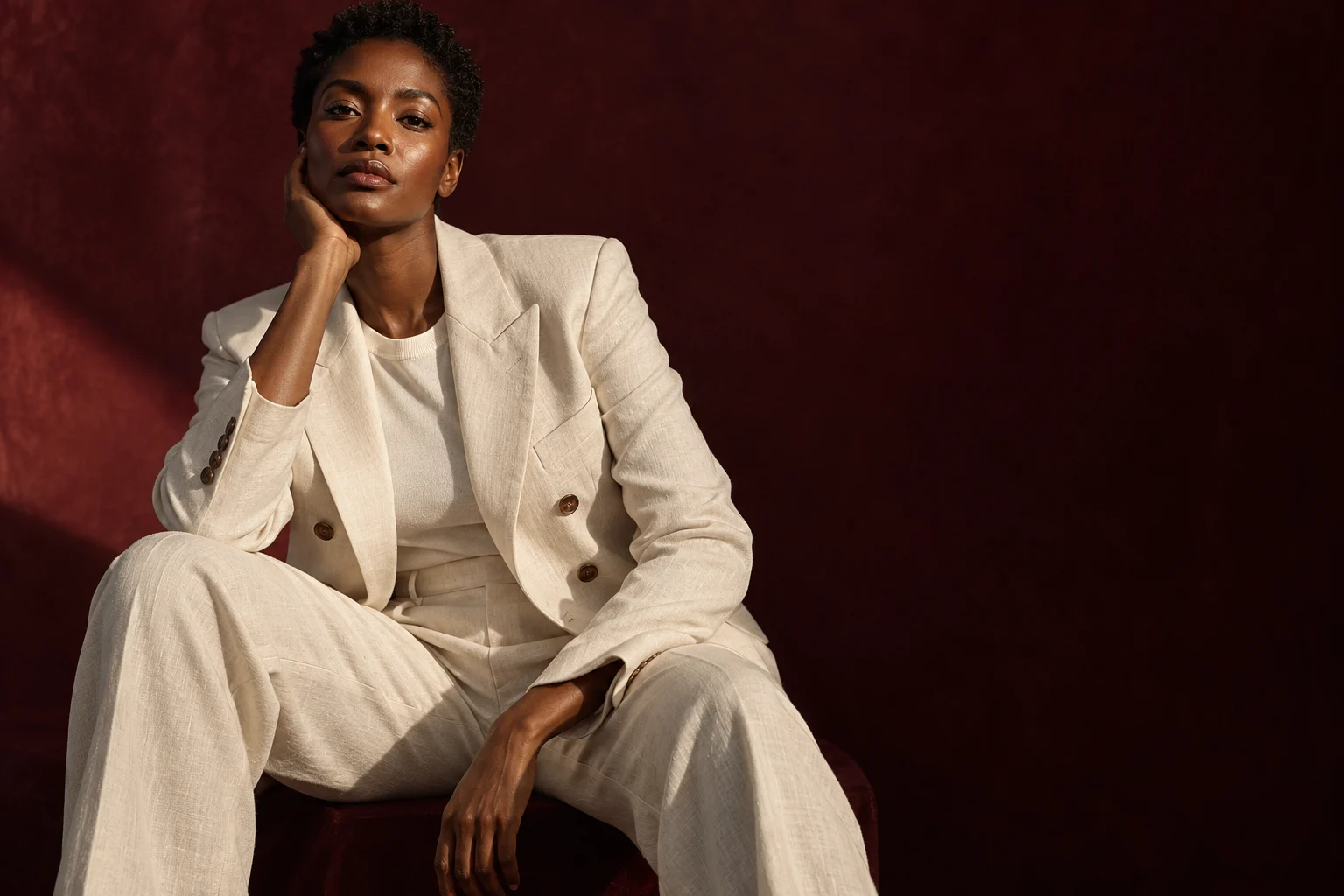 Ivory linen tailoring against a dark wine-coloured backdrop